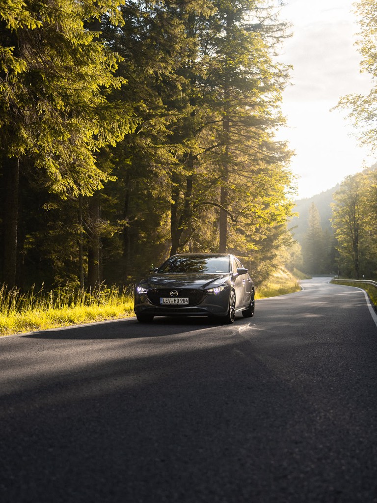 Hatchback driving a forest road at golden hour with headlights on