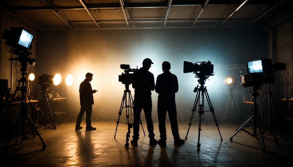 Film crew and cameras on a hazy studio set with cinematic lighting