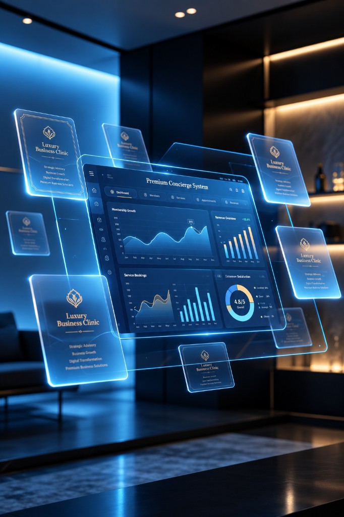 Holographic Premium Concierge System dashboard in a luxury office