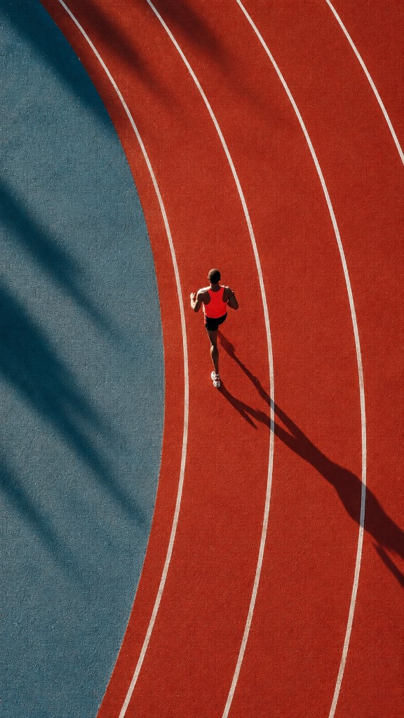Aerial view of a runner on a terracotta track in mid-stride
