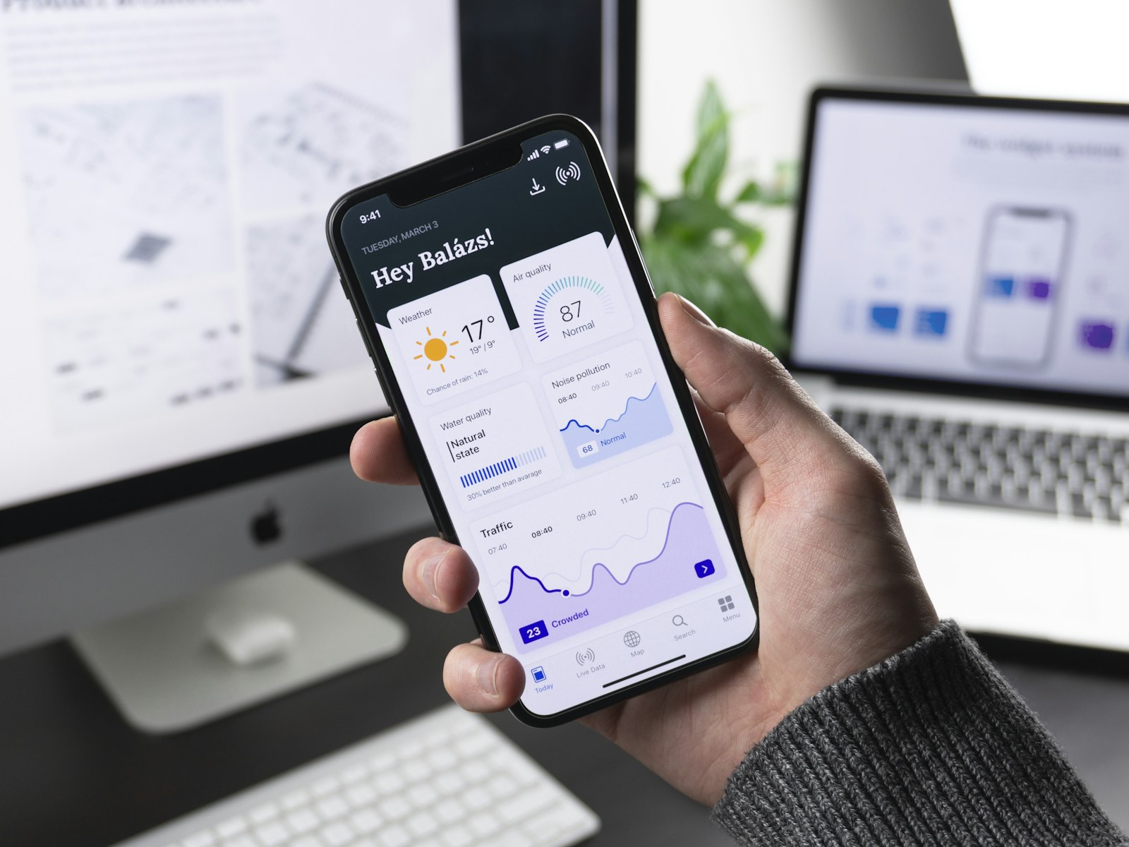 A phone showing a calm live-data app, designed for everyday use